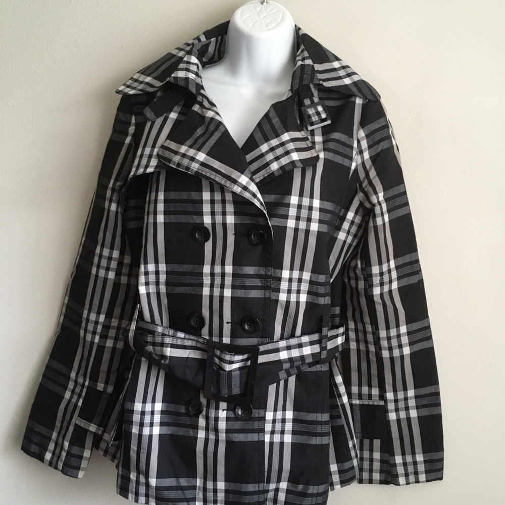 Ambience apparel black and white plaid double breasted lightweight jacket size M